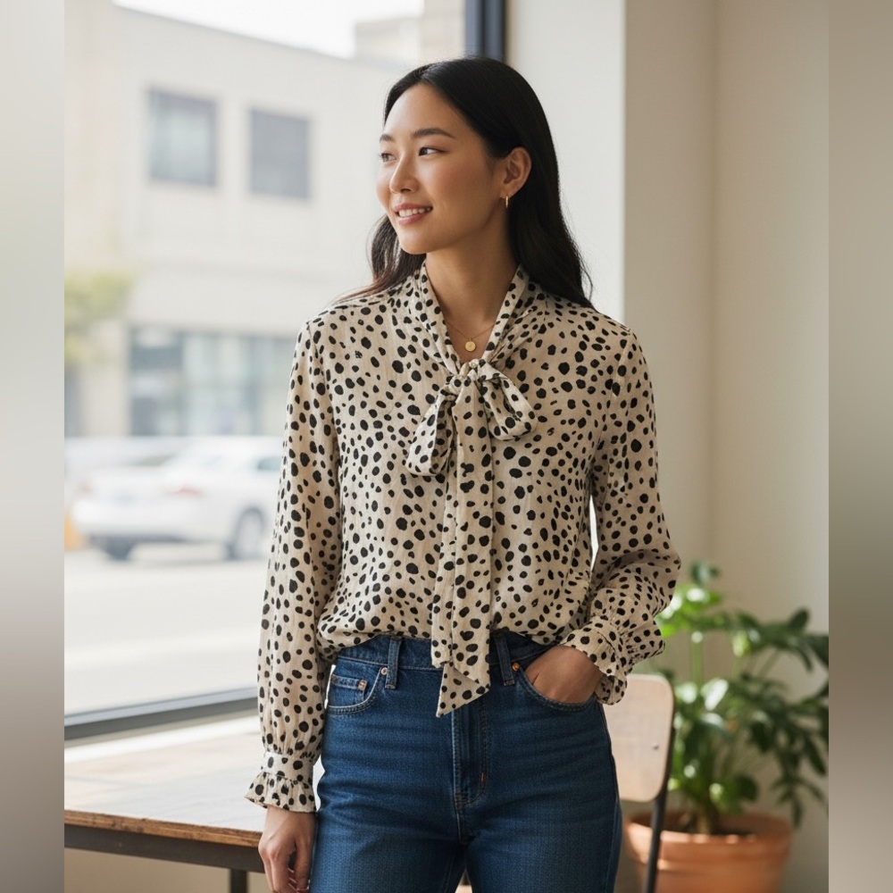 #750 Easel Black and Cream Spotted Blouse